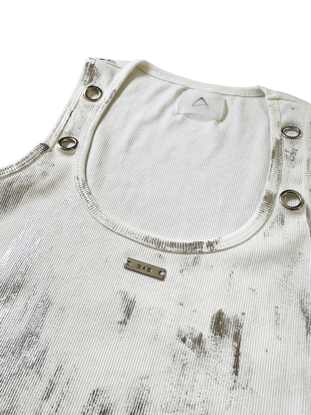 Metallic Silver Foil Distressed U-Neck Tank