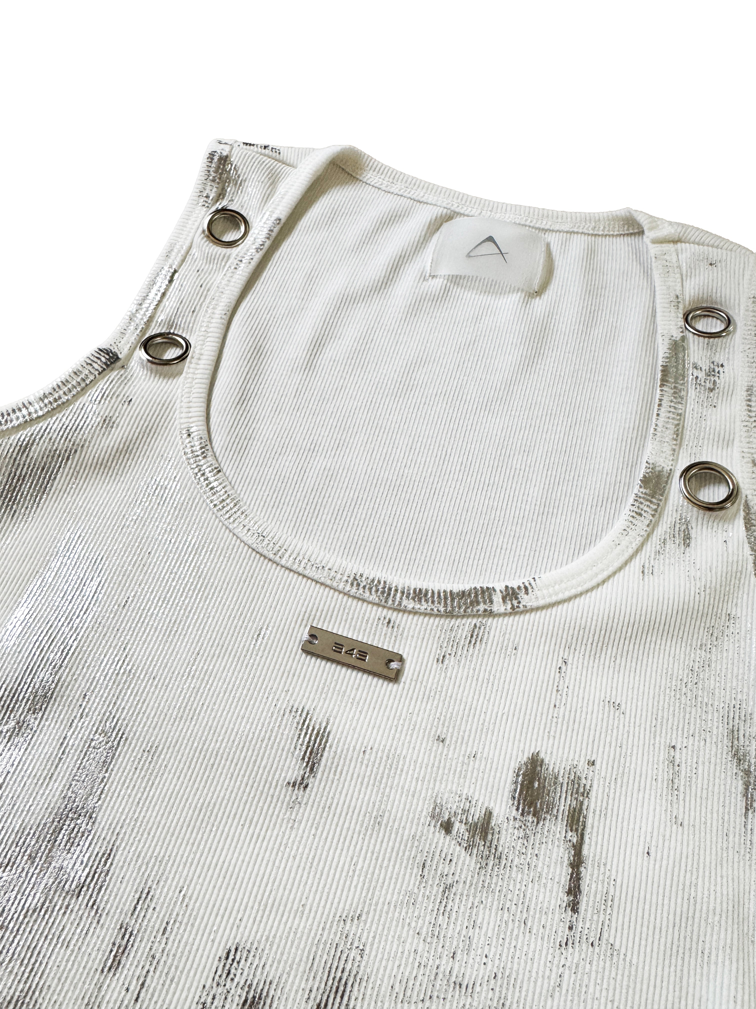 Metallic Silver Foil Distressed U-Neck Tank
