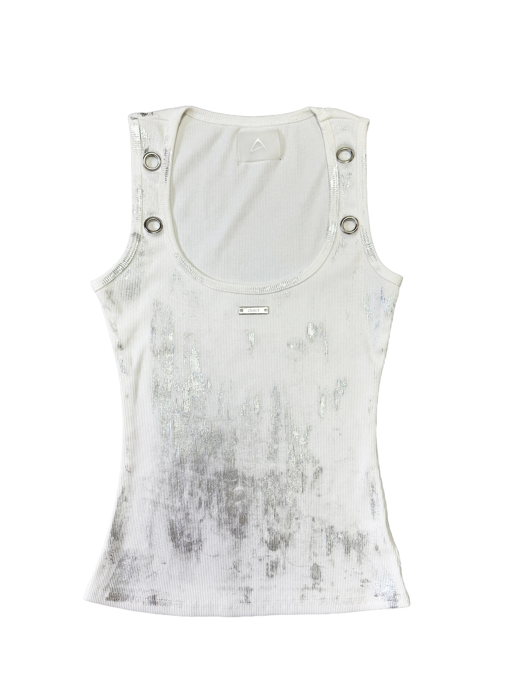 Metallic Silver Foil Distressed U-Neck Tank
