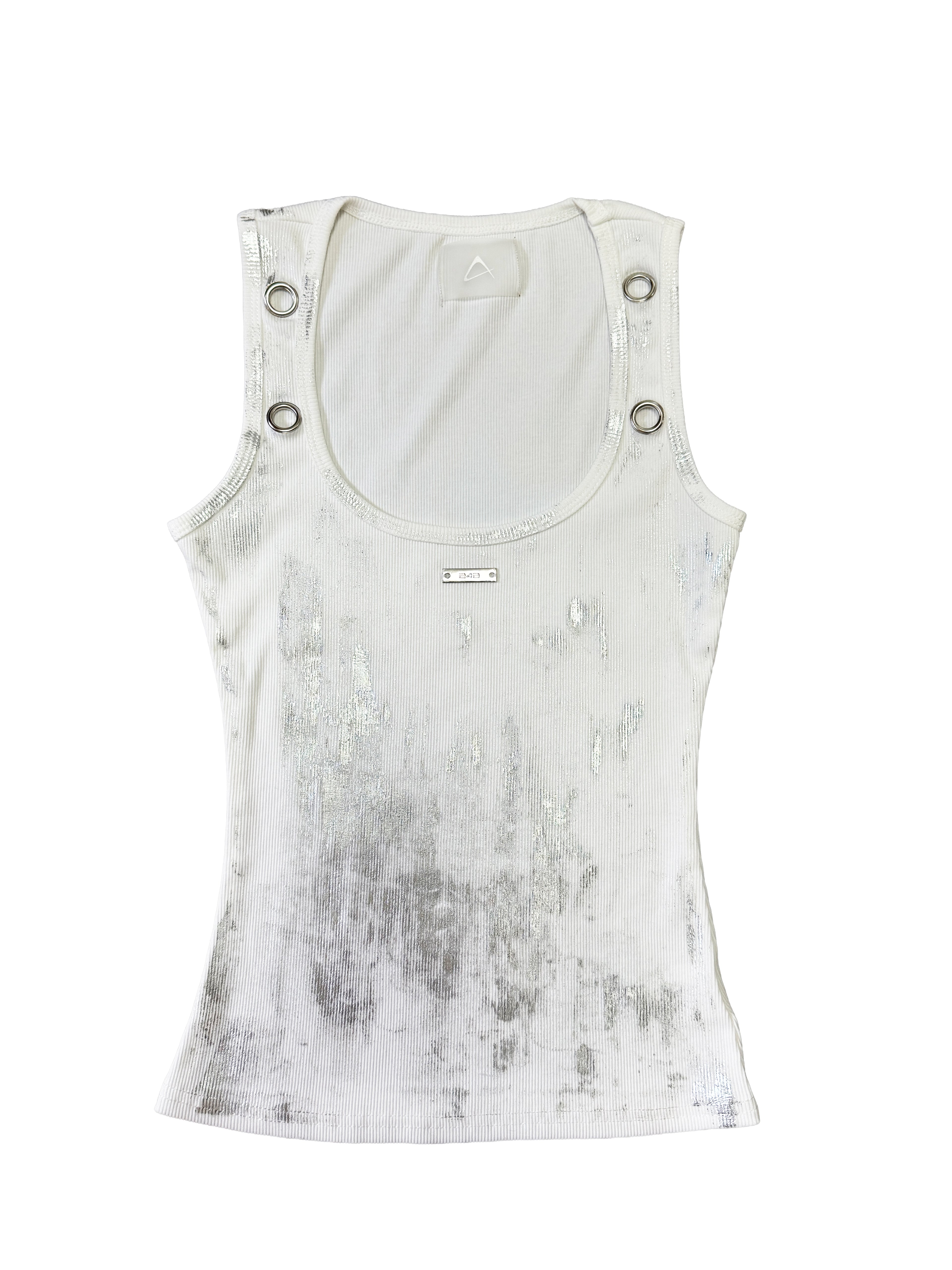 Metallic Silver Foil Distressed U-Neck Tank