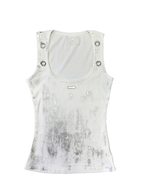 Metallic Silver Foil Distressed U-Neck Tank